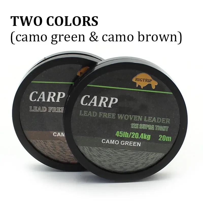 Ligne de Leader de pêche à la carpe, 20m, tissé sans plomb, camouflage vert, noyau sans plomb, 45lb,