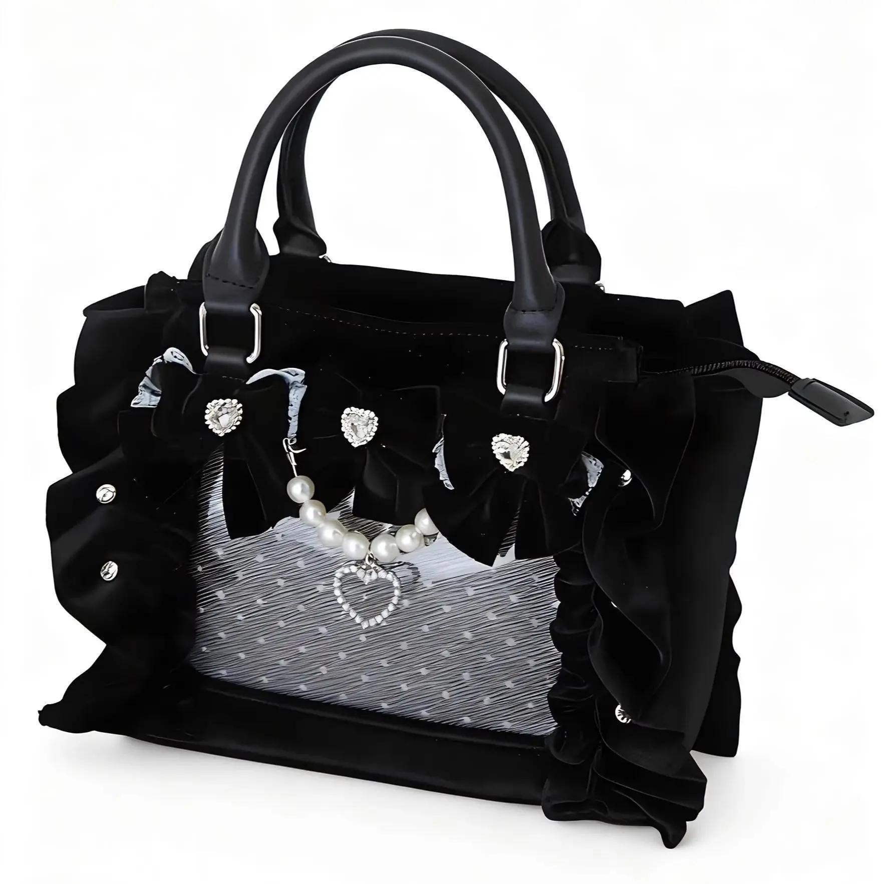 Élégant élégant velours perle arc strass plissé douleur sac hiver nouveau magnifique doux dentelle p