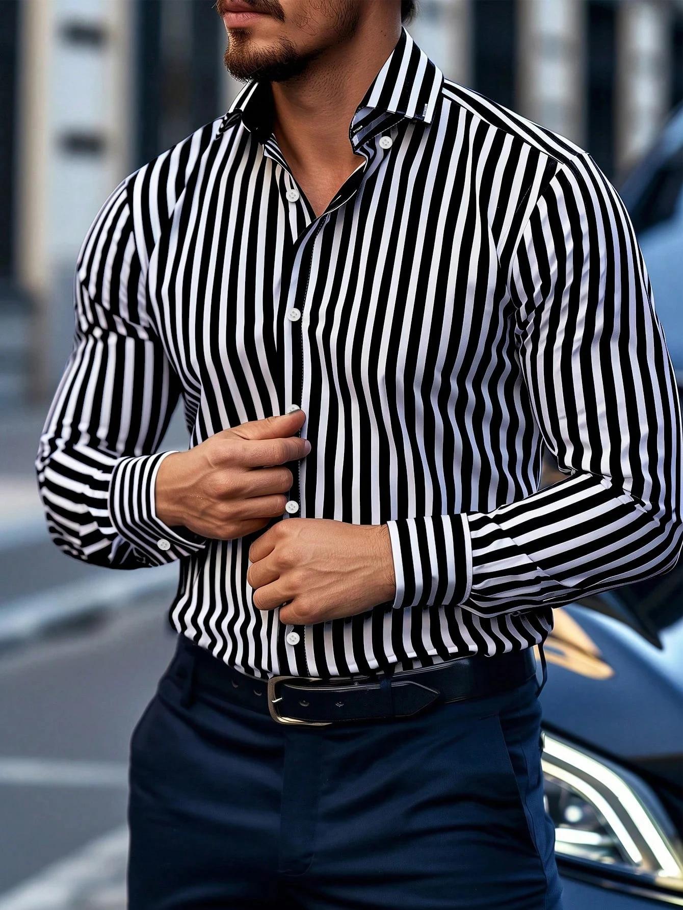  Chemise habillée rayée pour hommes, simple boutonnage, manches longues, tenue de bureau décontra