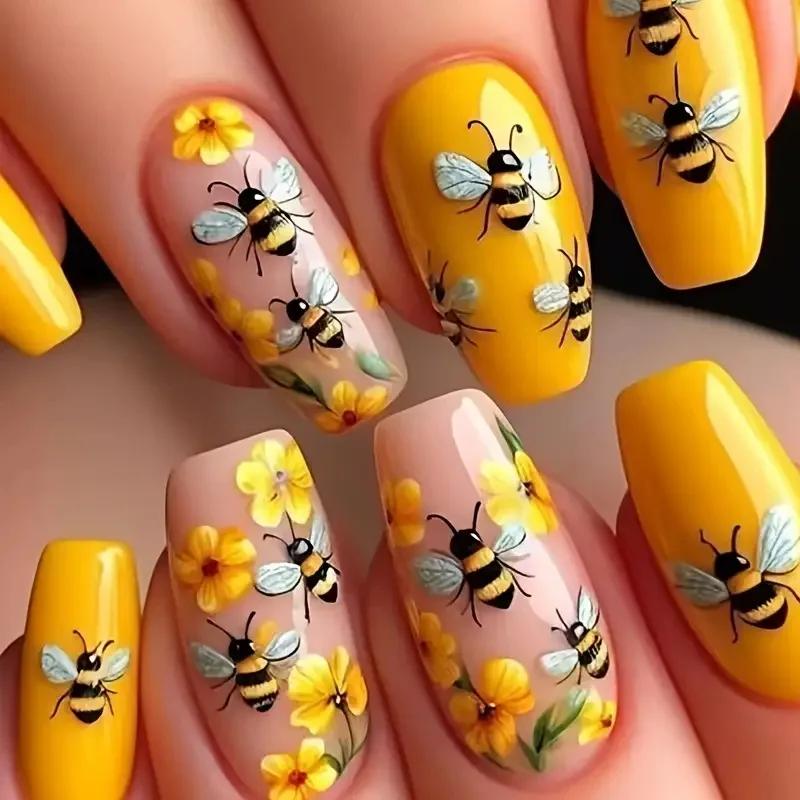 24 pièces/ensemble faux ongles mi-longs pour femmes printemps été fleurs papillon abeille design fau