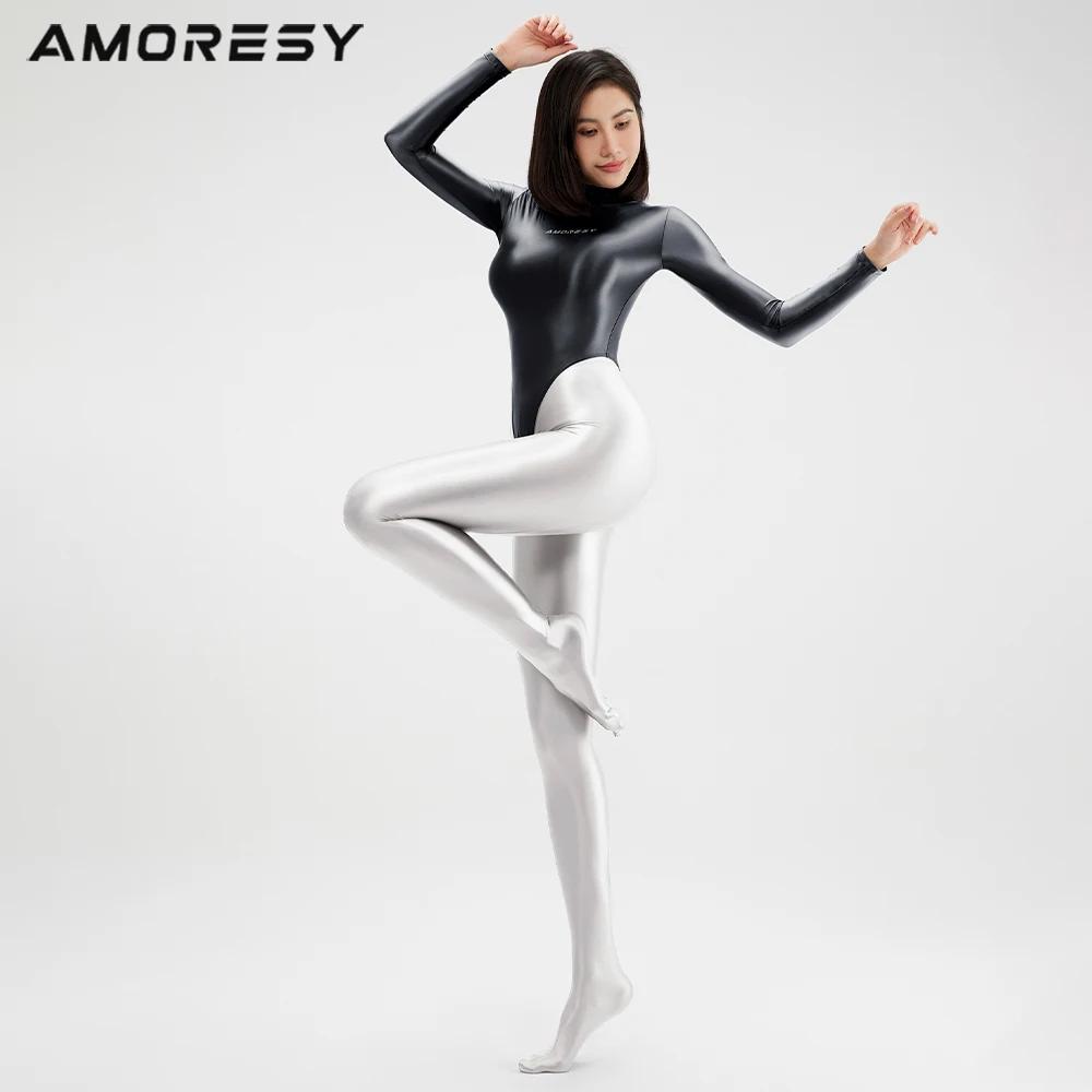 AMORESY femmes Sexy huile brillant une pièce maillot de bain collants à manches longues lisse col ha
