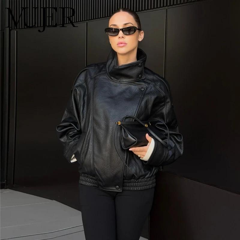 MUJER vestes en simili cuir noir pour femmes vêtements d'extérieur bureau femmes Bomber veste bouton