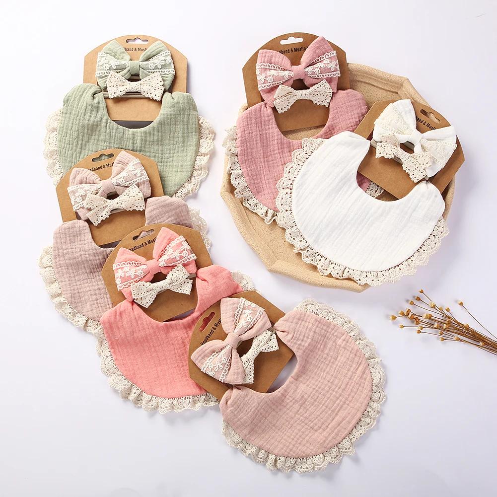 3 pièces/ensemble solide mousseline coton bambou bébé bavoir gland dentelle garçon fille alimentatio