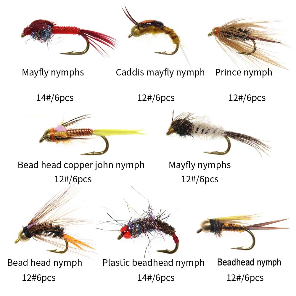 Vampfly 48 pièces ensemble de mouches boîte tête de perle cuivre John nymphe Caddis mai mouche nymph