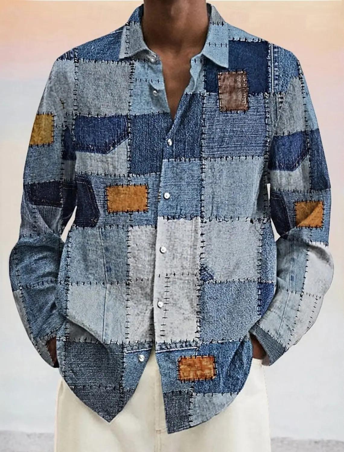 Chemise bloc de couleur géométrique pour hommes chemise boutonnée à manches longues mode décontracté