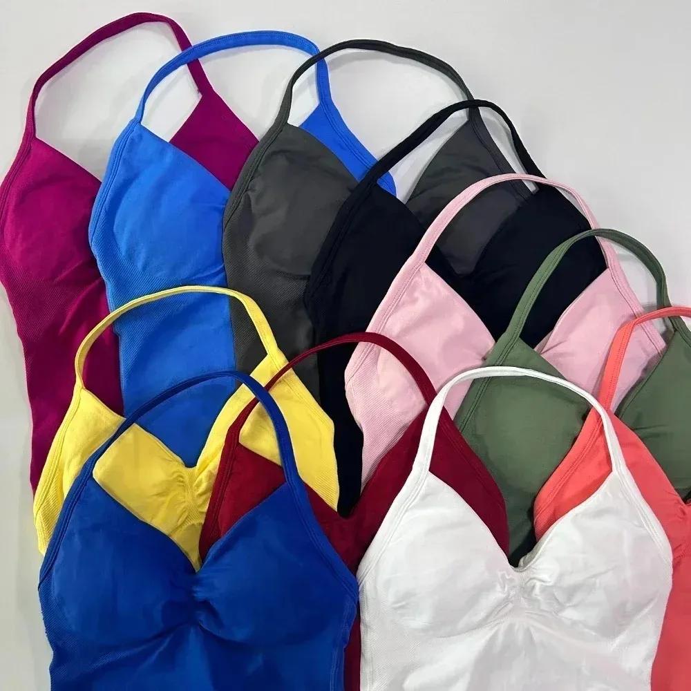 Ensemble de sport 2 pièces pour femme : débardeur dos nu et short taille haute froncé sans couture –