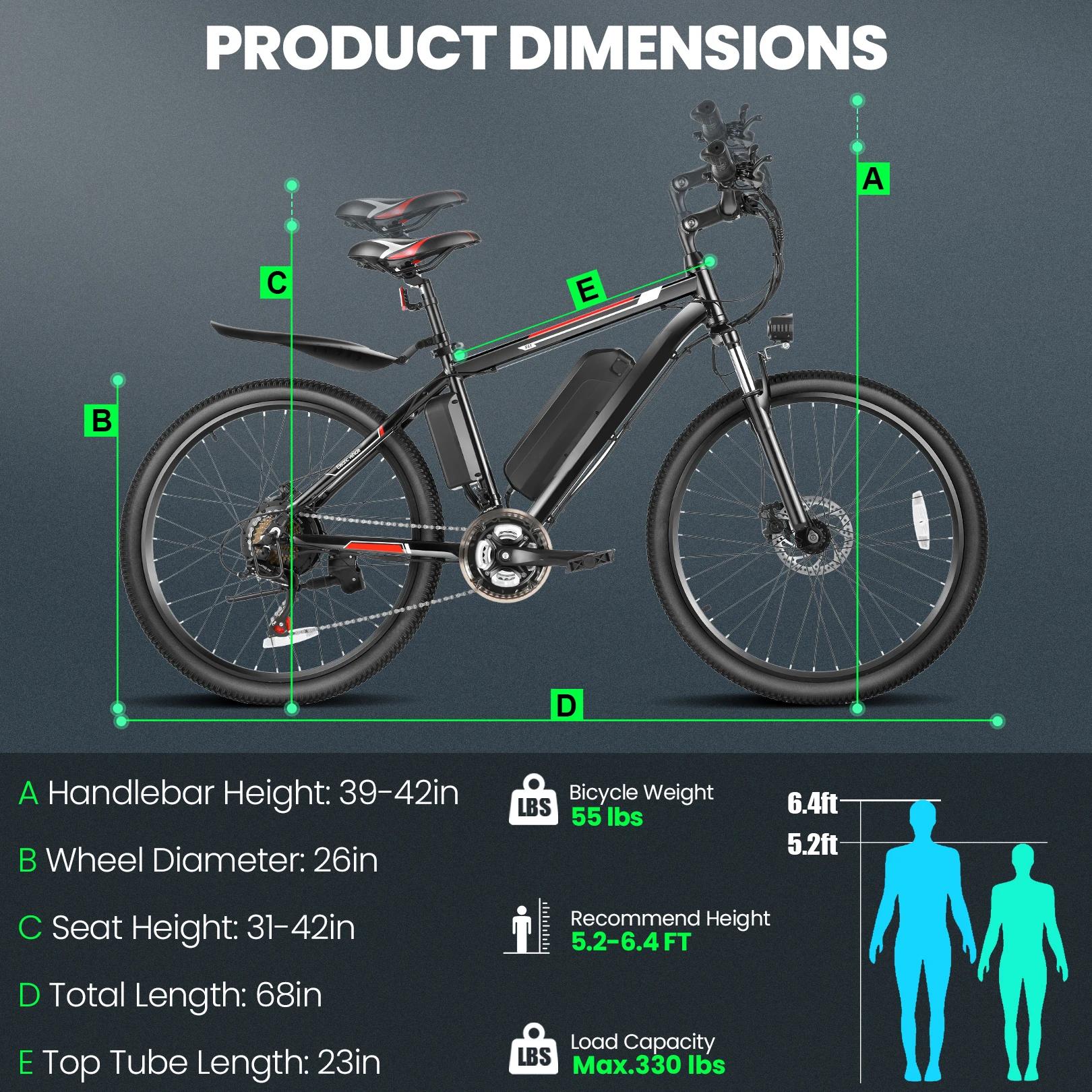 VTT Électrique de 26 Pouces avec 500W, Batterie Perfecto de 48V, 20MPH, Jusqu'à 50 Miles, Régulateur