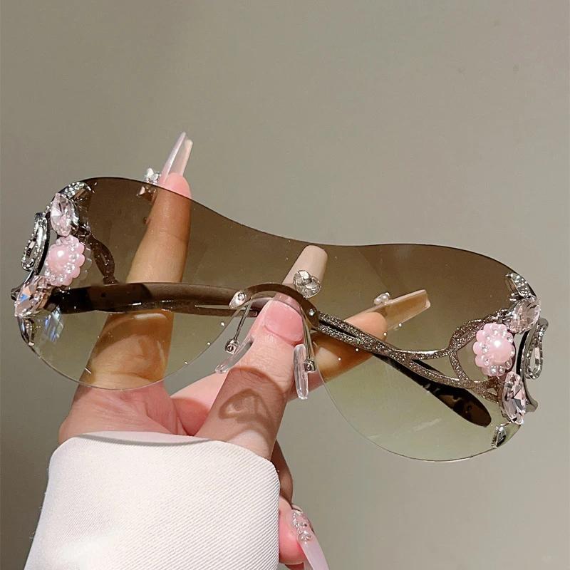 KAMMPT – lunettes de soleil Y2k sans bords avec strass pour femmes, monobloc, décoration extérieure,
