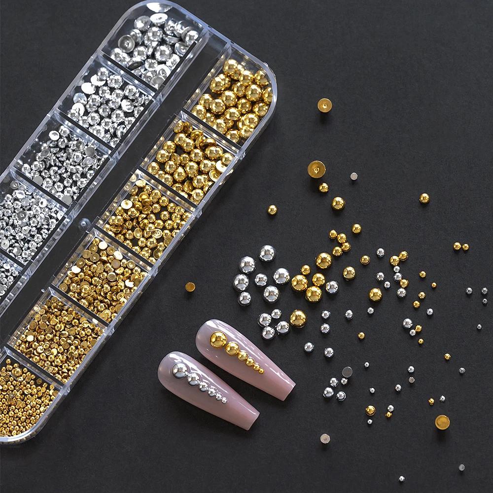 12 grilles de perles de Caviar 3D pour ongles, breloques en métal or argent, bijoux, boules en acier