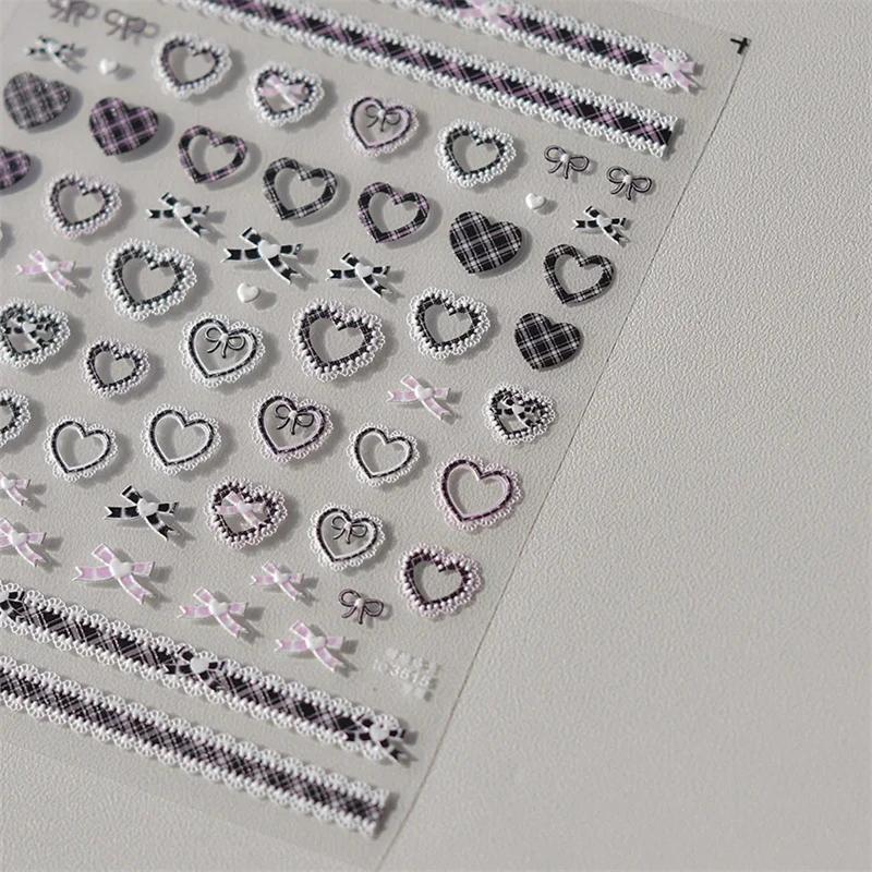 Autocollants en dentelle pour ongles, 1 pièce, motif cœur d'amour, rose, blanc, noir, auto-adhésif,