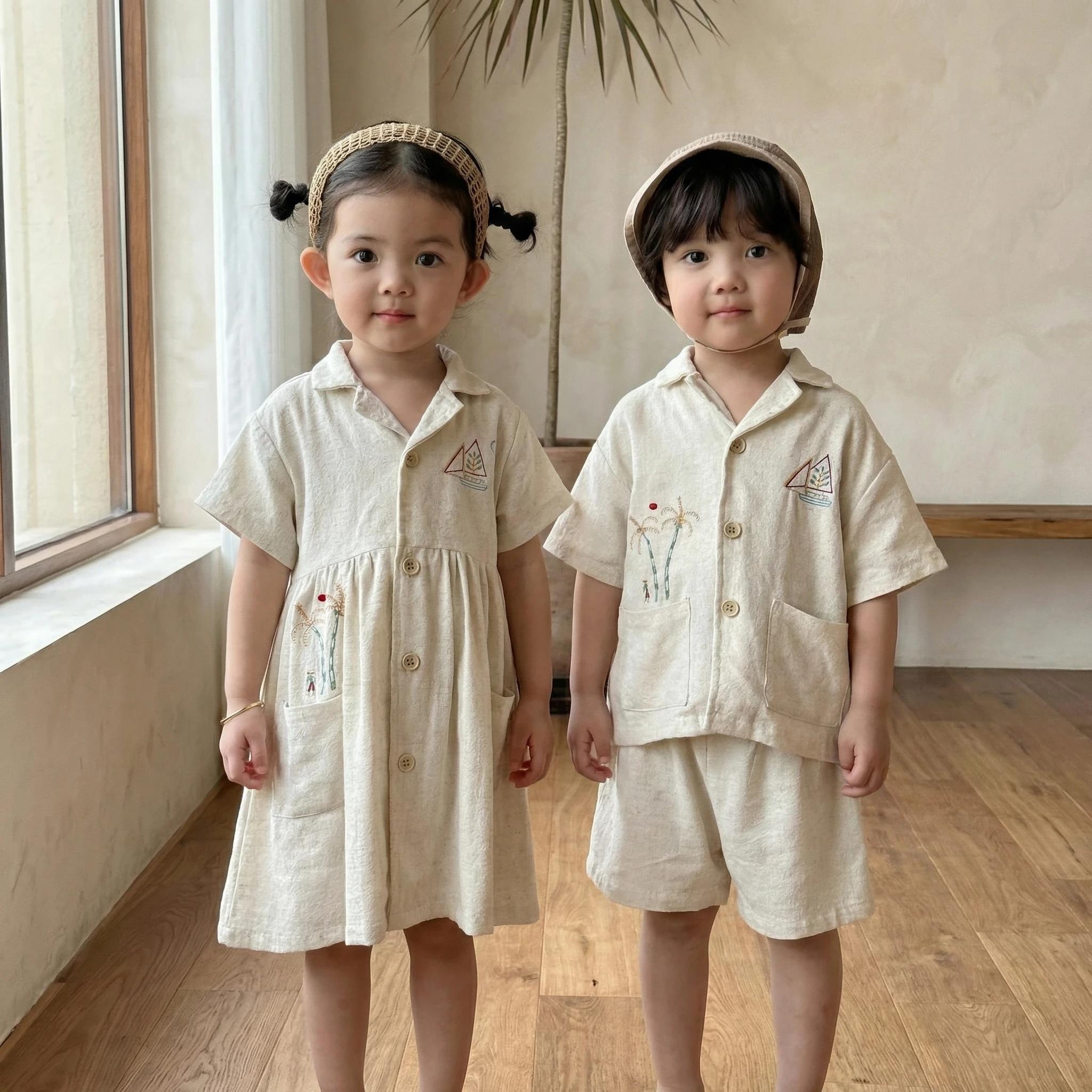 Nouvel ensemble d'été pour enfants style vacances : Robe trapèze en lin brodée bateau à voile pour f