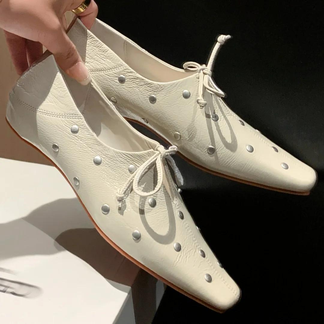 Espadrilles à lacets en cuir de vachette pour femmes, ballerines ald-on, chaussures à rivets souples