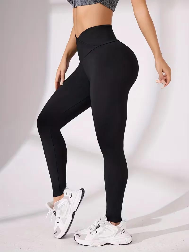 Pantalon de sport taille croisée sur le devant, couleur unie, pantalon de Yoga élastique et respiran