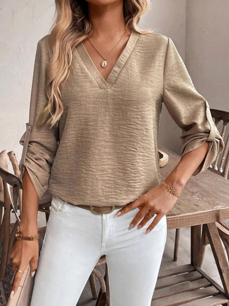 Dames élégant Simple col en v trajet couleur Pure manches à revers décontracté sophistiqué chemise t