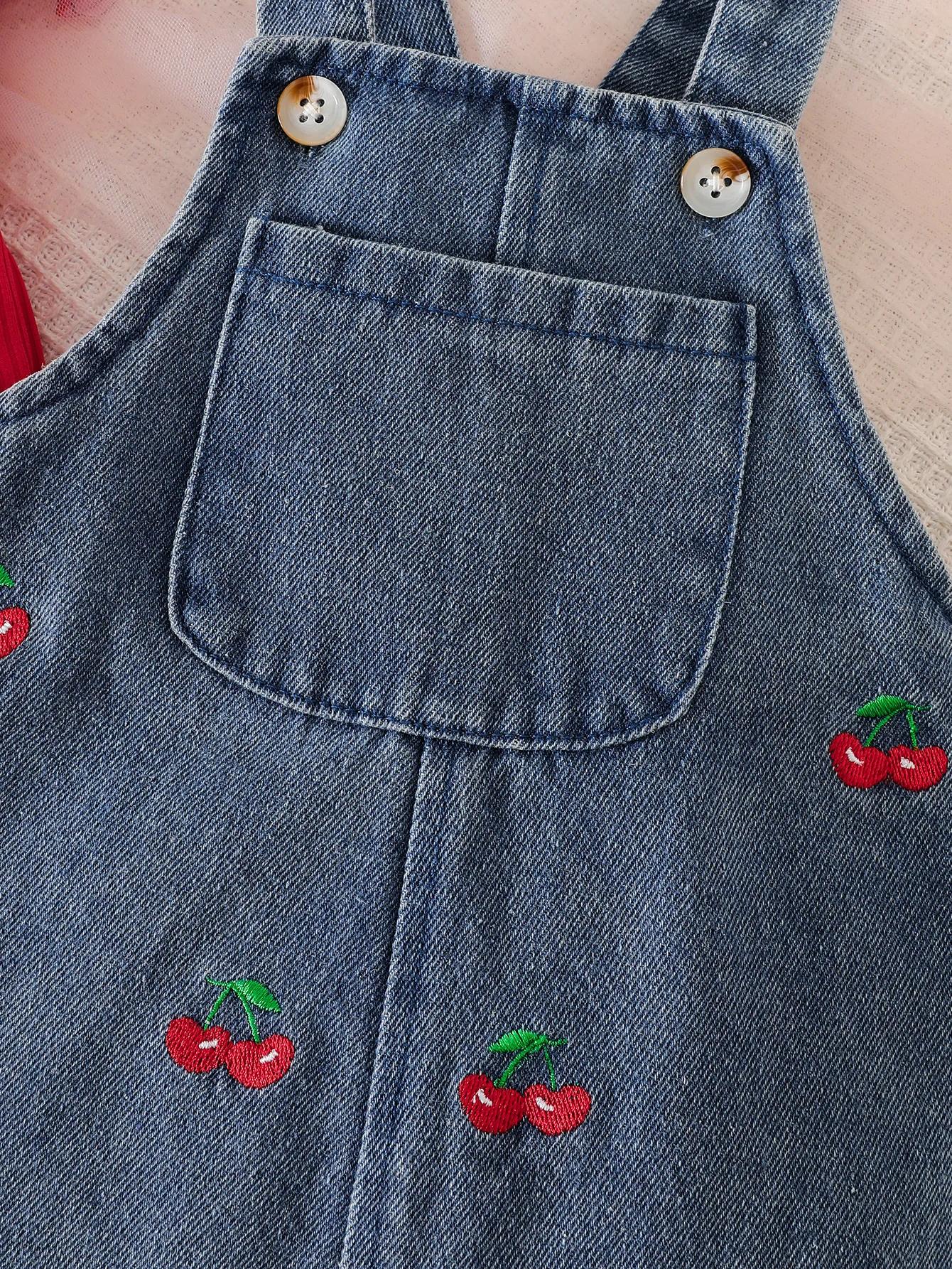 Ensemble Salopette en Jean Brodé Cerises pour Bébé Fille, Combinaison à Manches en Dentelle Creuse,