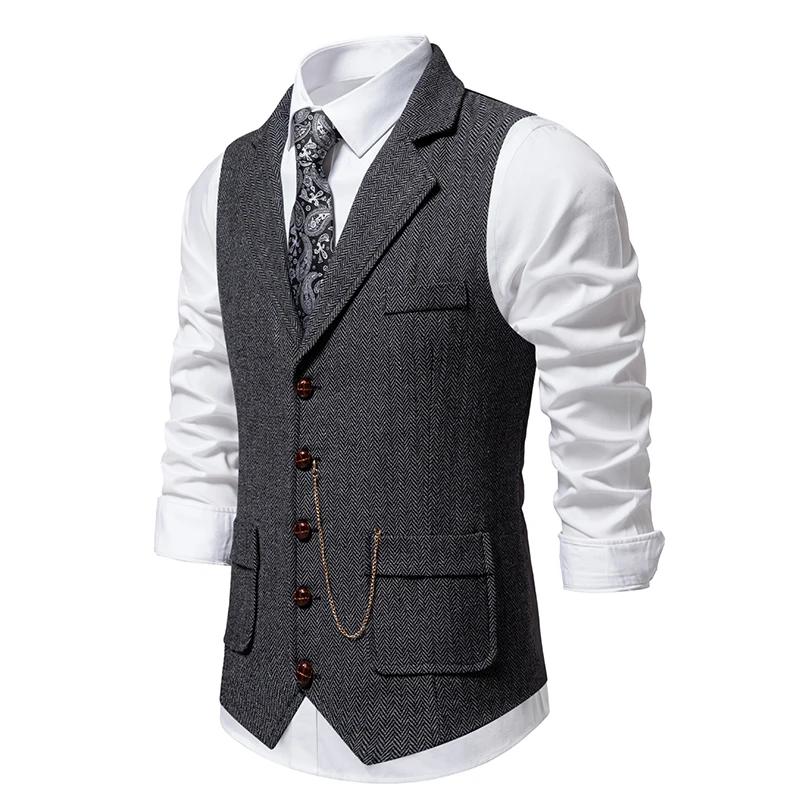 Gilet rétro à chaîne à revers pour hommes, mode chevrons, poches en Tweed grossier, gilet de costume