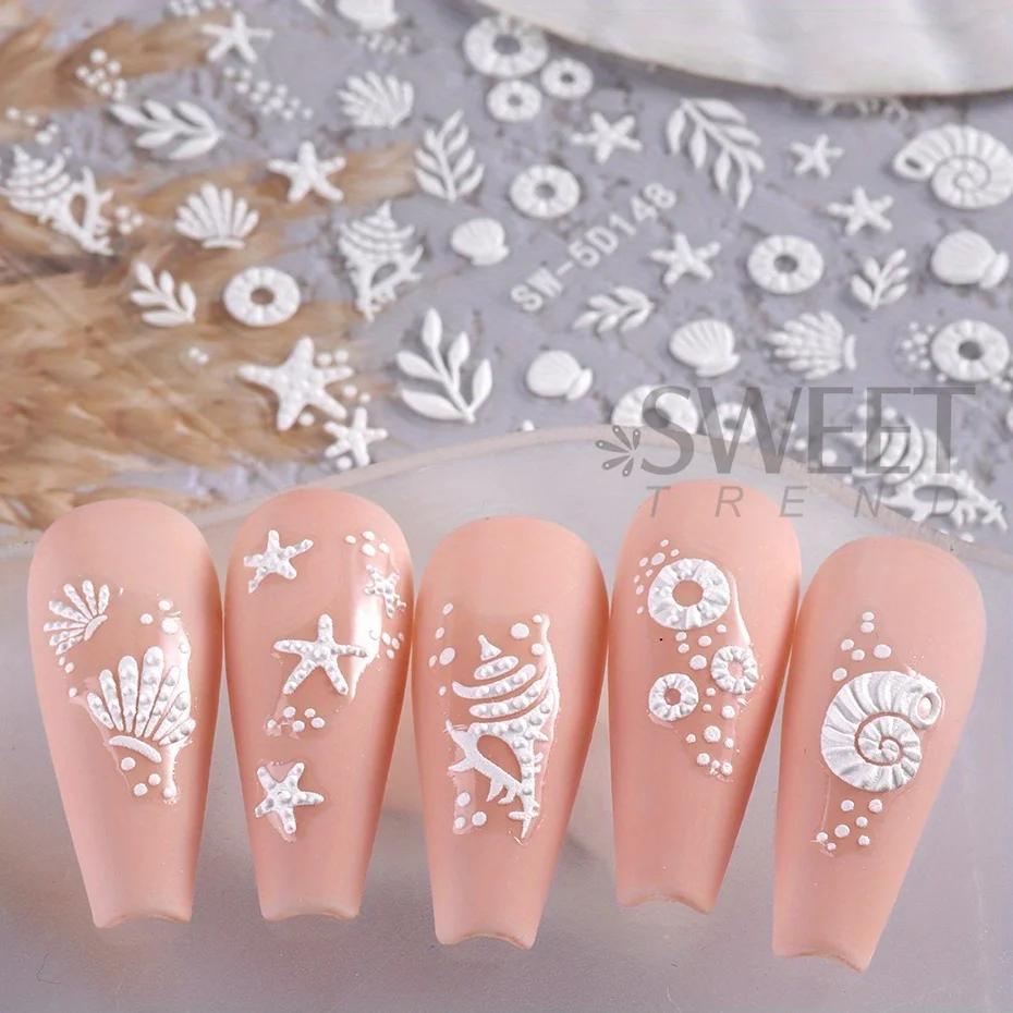 Autocollants pour ongles 5D méduse, plage d'été, coquille blanche, étoile de mer, vis adhésive, curs