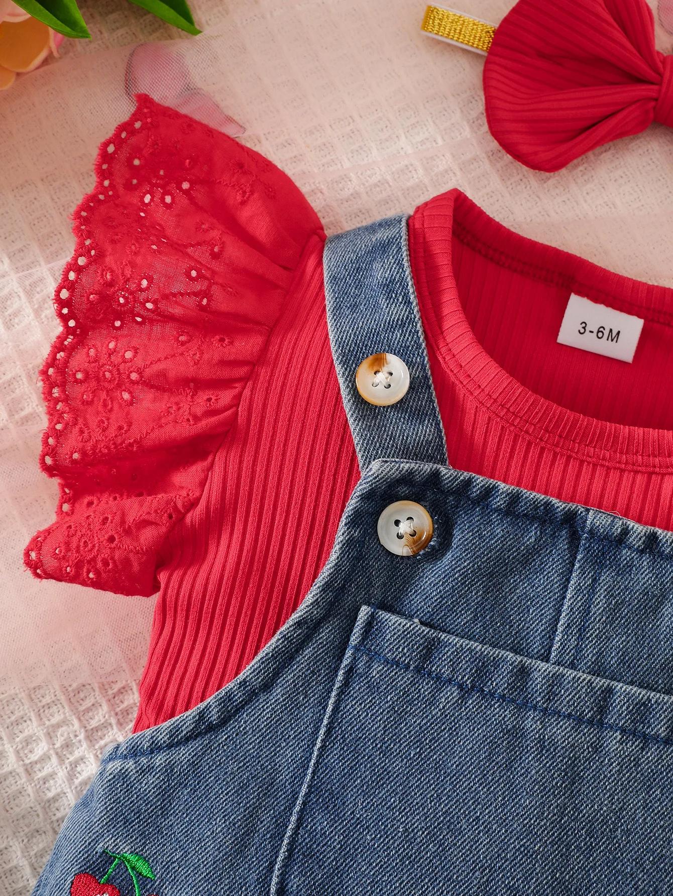Ensemble Salopette en Jean Brodé Cerises pour Bébé Fille, Combinaison à Manches en Dentelle Creuse,