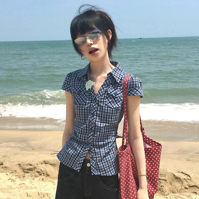 Karrram japonais Y2k chemise à carreaux Vintage Harajuku col en v Blouses mode coréenne femmes chemi