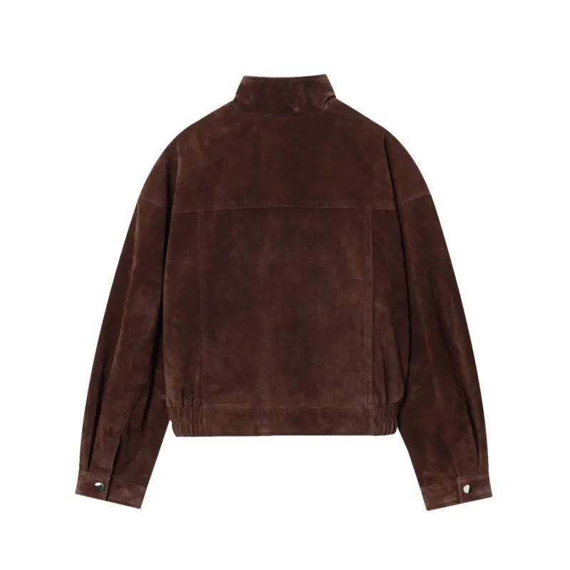 Femmes veste en cuir suédé avec poches automne mode col haut à manches longues bouton veste dame man