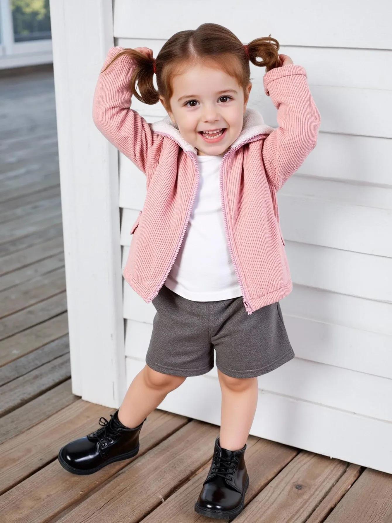 Veste décontractée en velours côtelé pour bébé fille, mignon, tissu en peluche composite, fermeture