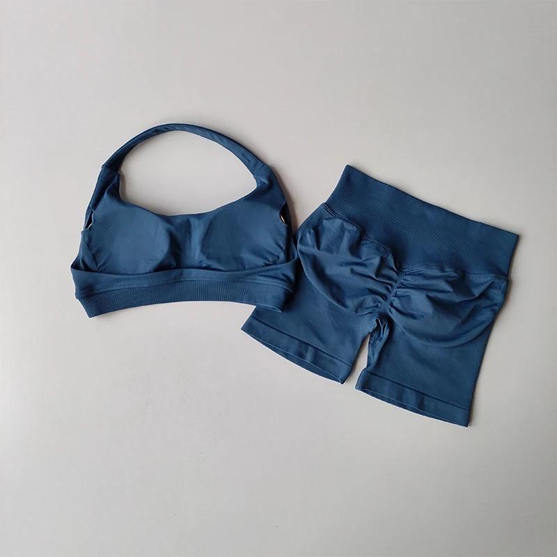 Ensemble fitness sexy licou cou dos nu taille haute soutien-gorge short Pilates Yoga