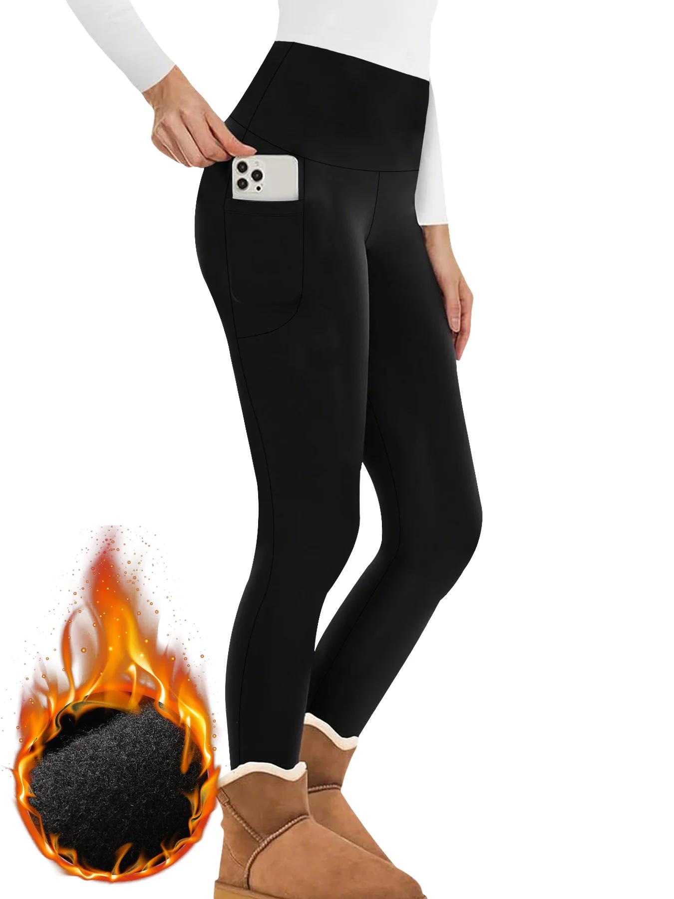 Leggings thermiques d'hiver pour femmes avec poches – Collants chauds épais taille haute doublés en