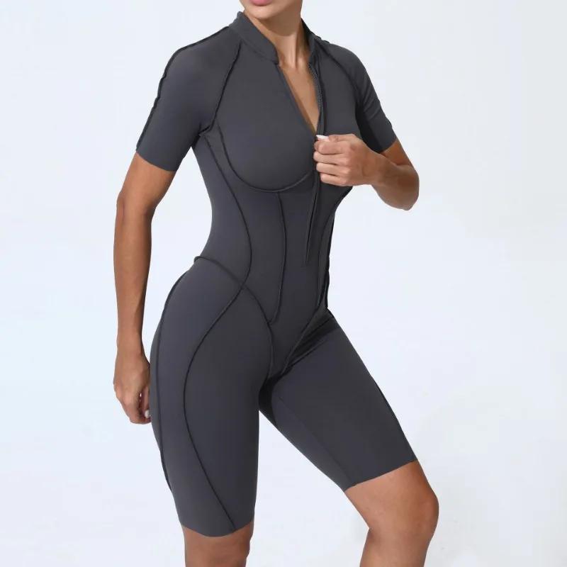 Ensemble de combinaisons de sport et de Fitness à manches courtes avec fermeture éclair, sans coussi
