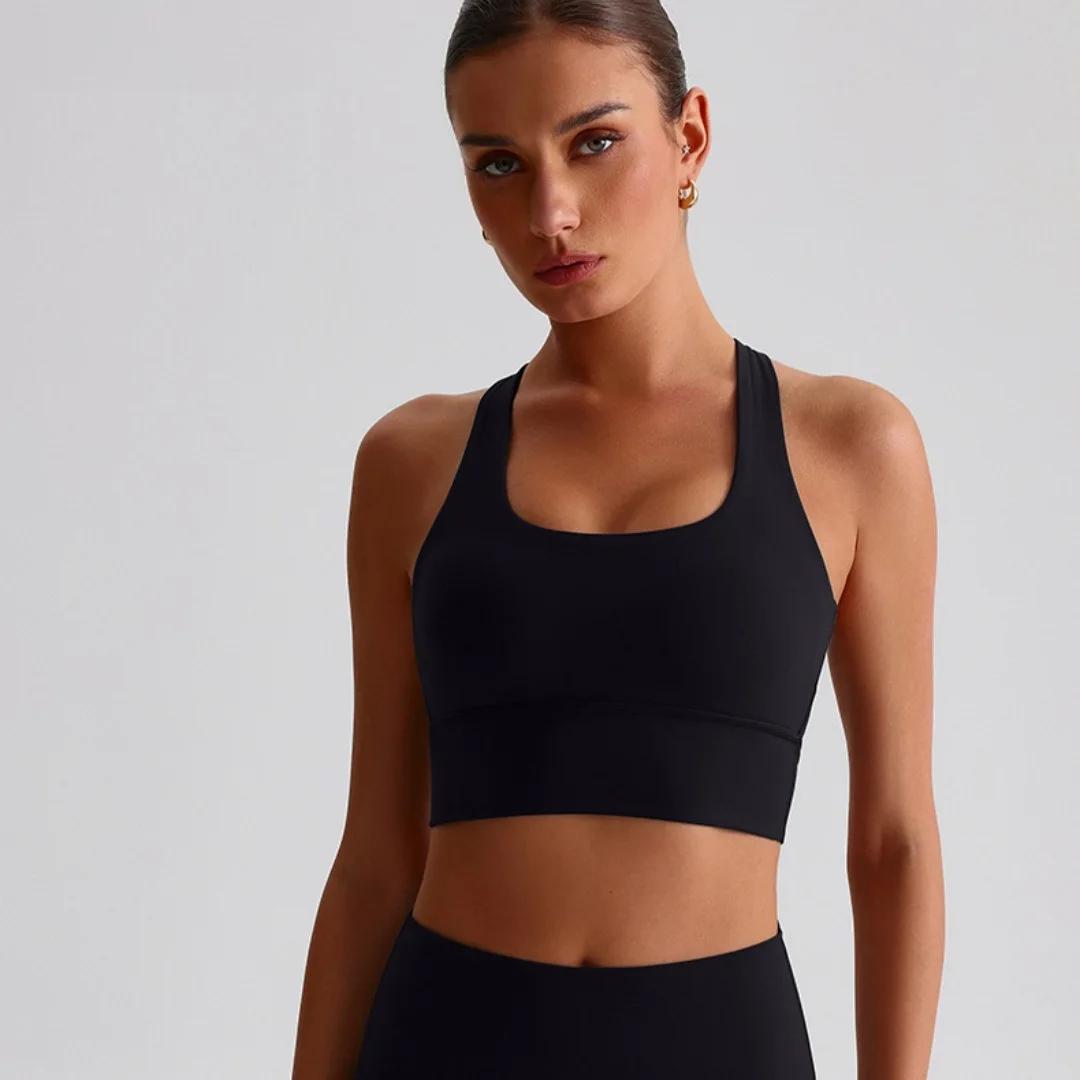 Couleur unie femmes gymnastique Yoga ensemble bandoulière dos croisé Push Up Sport soutien-gorge tai