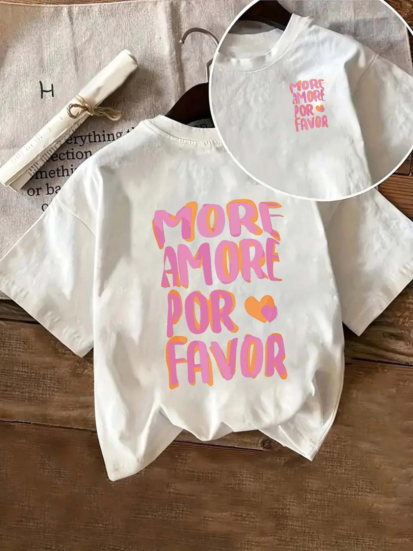 PLUS AMORE POR FAVOR T-Shirt manches courtes col rond femme imprimé rose avec coeurs Harajuku manche