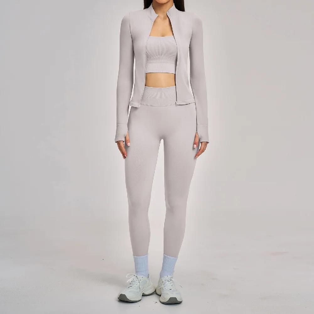 Ensemble de 3 pièces de vêtements de sport pour femmes, ensembles de survêtements de yoga sans coutu