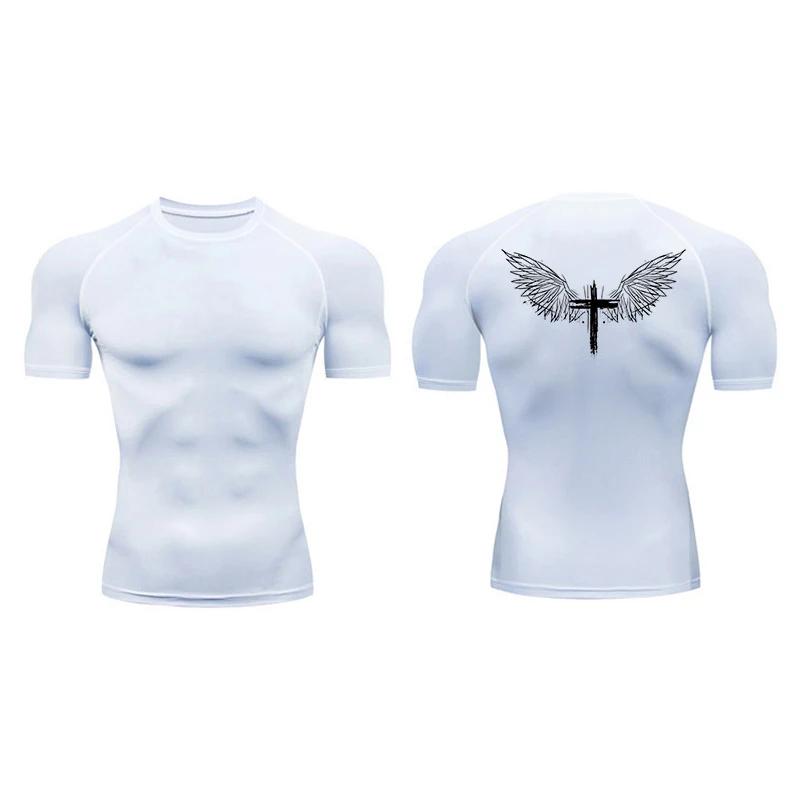 Chemises de Compression à manches courtes pour hommes, imprimé croisé, t-shirts athlétiques à séchag