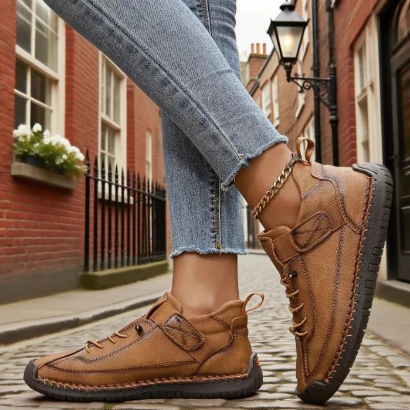 Mocassins en cuir faits à la main pour femmes, bottes de moto décontractées, confortables, à semelle