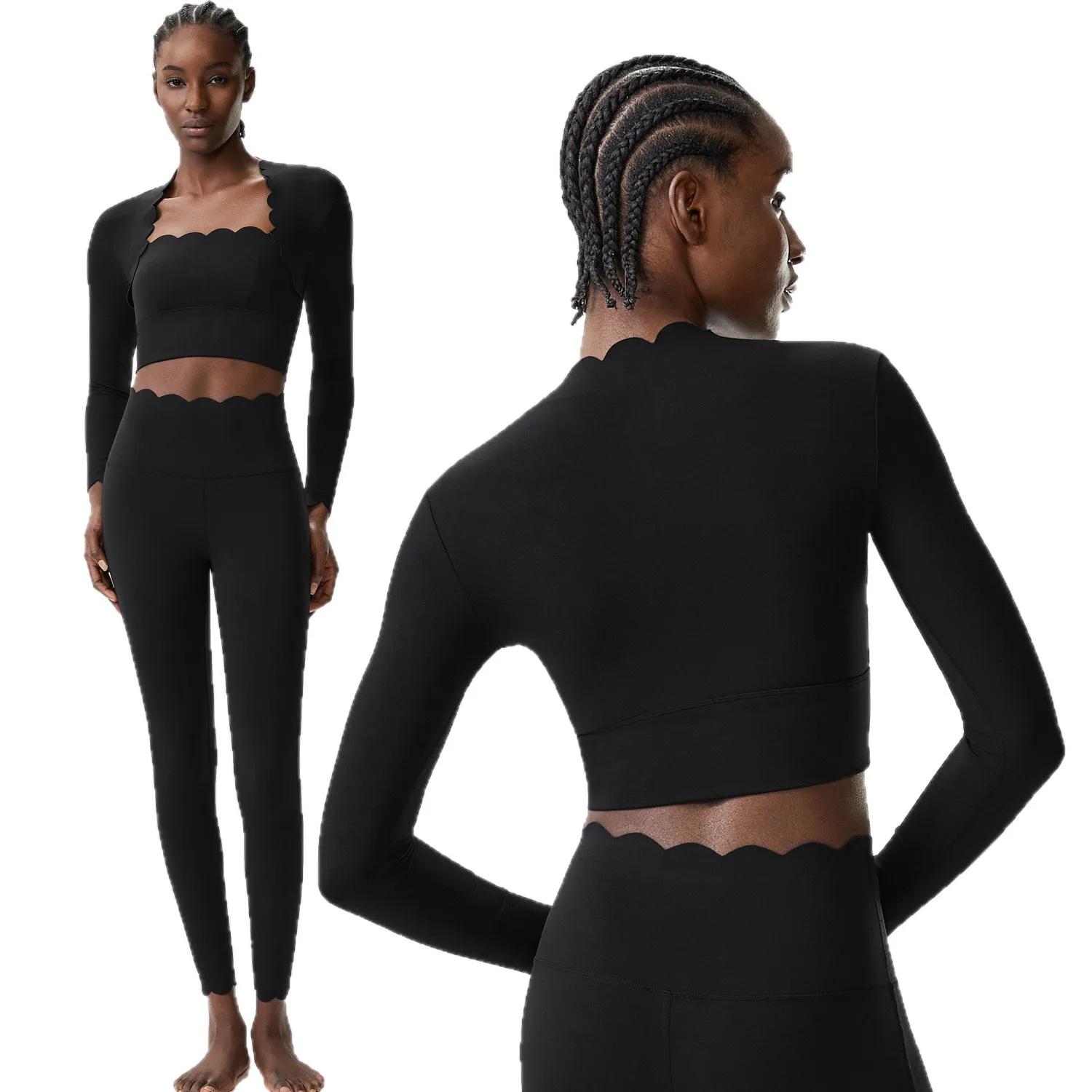 Ensemble de yoga fitness deux pièces pour femmes, couleur unie, manches longues, tenue de sport ajus