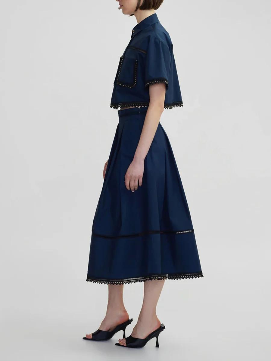 TWOTWurea YLE-Ensemble Deux Pièces pour Femme, Couleur Unie, Revers, Manches Courtes, Taille Haute,