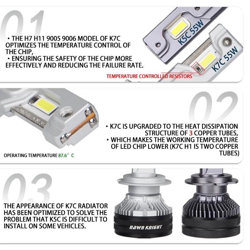DAWNKNIGHT K7C 4300K H7 H4 H11 lampe à LED 3 tubes de cuivre lumières LED pour voiture H1 HB3 9005 H