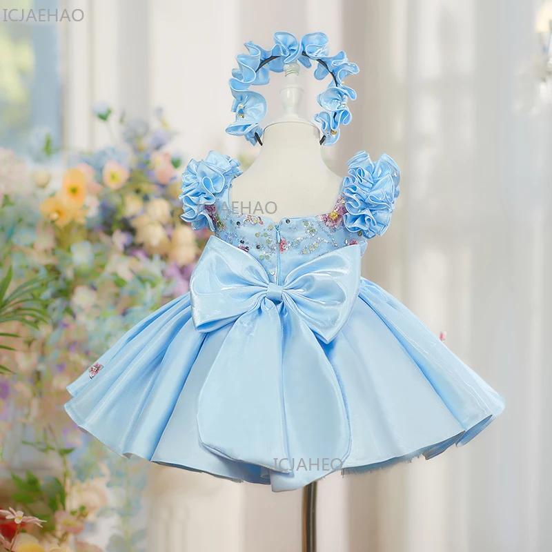 Nouvelle Robe de Princesse Bleue pour Enfants à Manches Volantes, Robe de Demoiselle d'Honneur pour