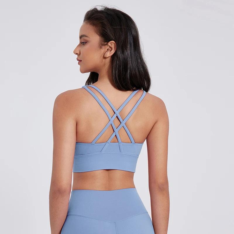Soutien-gorge de sport en forme de U pour femme, couleur unie, dos croisé, fitness, exercice, yoga,