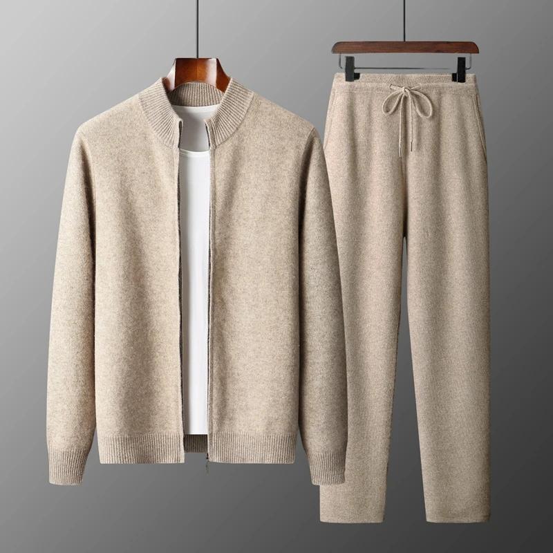 MVLYFLRT costume tricoté en laine mérinos pour hommes demi-hauteur Cardigan à fermeture éclair panta