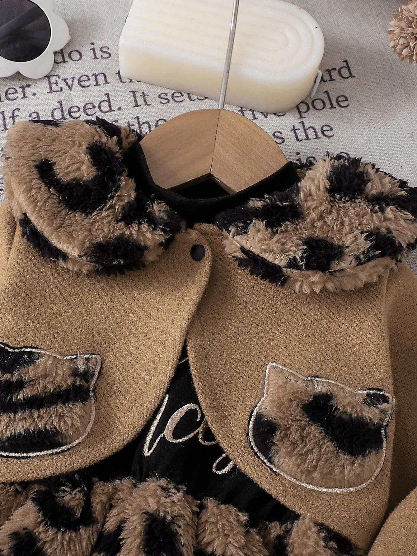 Ensemble robe en peluche à imprimé léopard + manteau court à revers pour bébé fille, ensemble deux p
