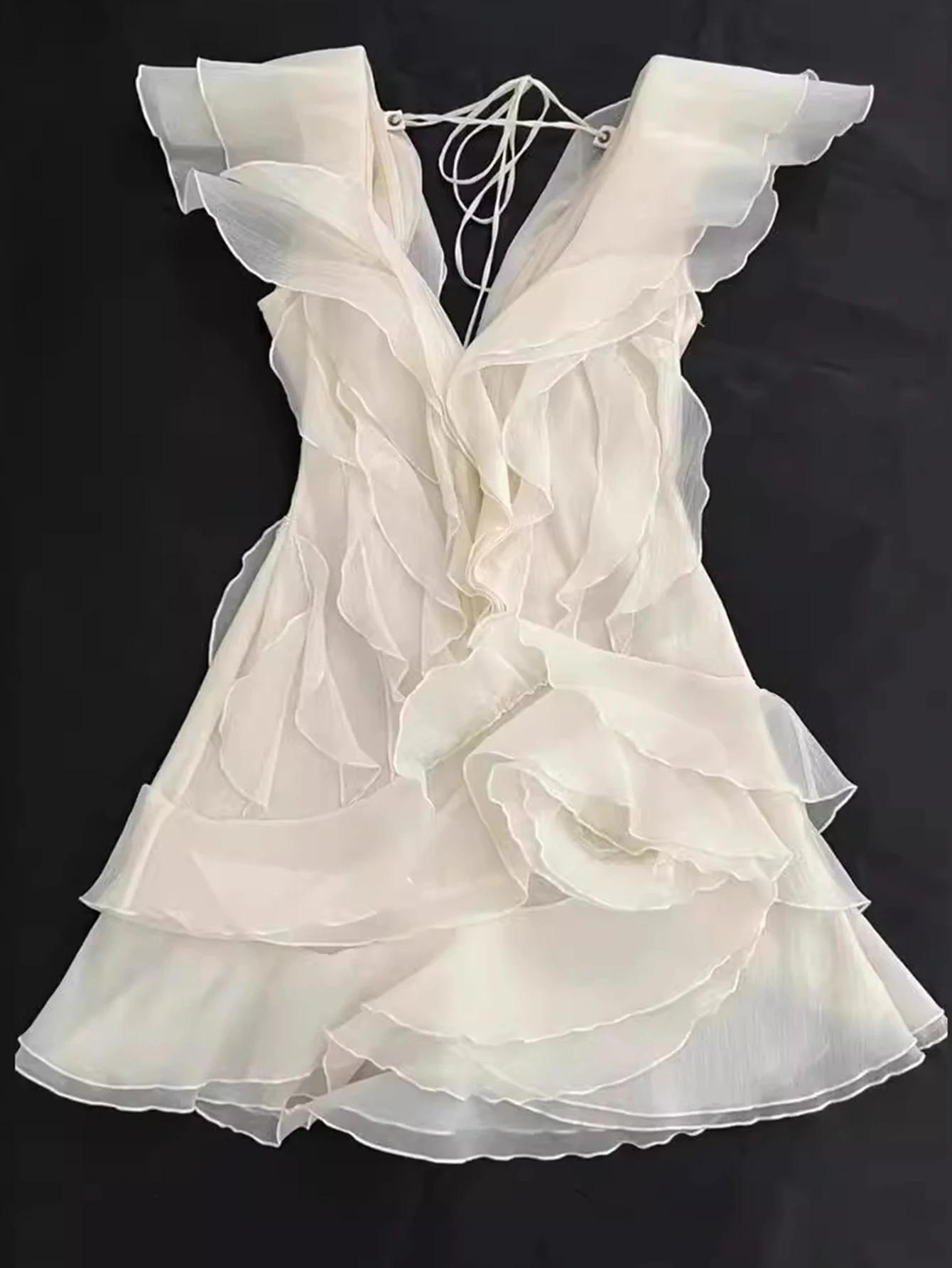 Mini robe d'été sexy en maille, dos nu, à volants, courte, tenue de soirée, vacances, Rh, anniversai