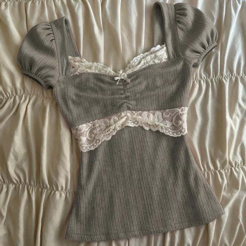 Hauts Y2K Grunge à manches courtes pour femmes, chemise estivale en dentelle patchwork, style coquet