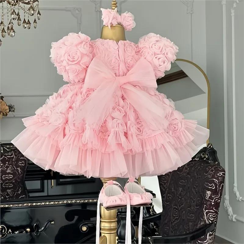 Robe Tutu princesse pour petites filles de 2 à 14 ans, motif floral 3D, Rose, pour fête de mariage,