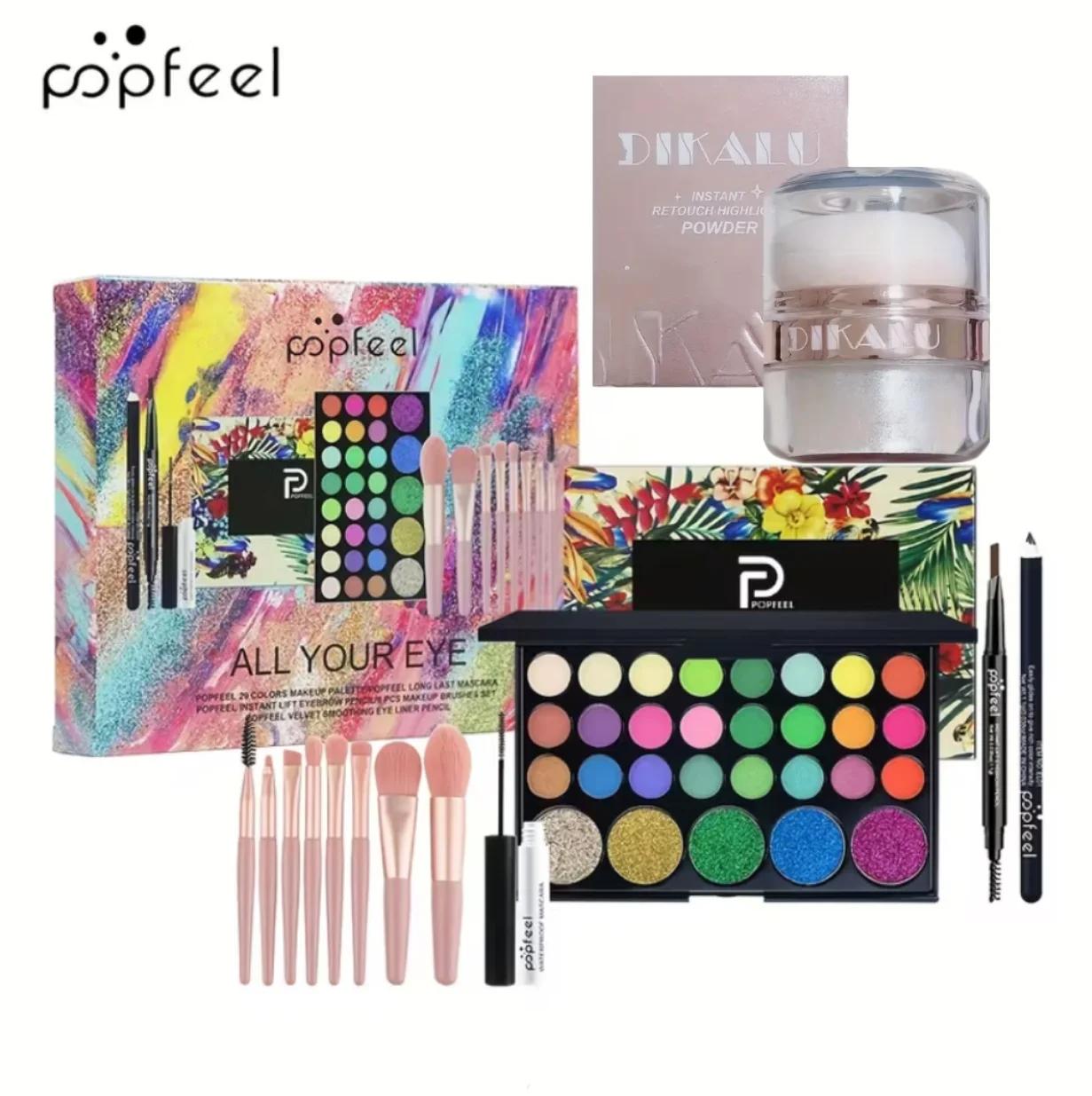 POPFEEL Kit de maquillage complet tout-en-un avec pinceau + illuminateur pour le visage - Ensemble d