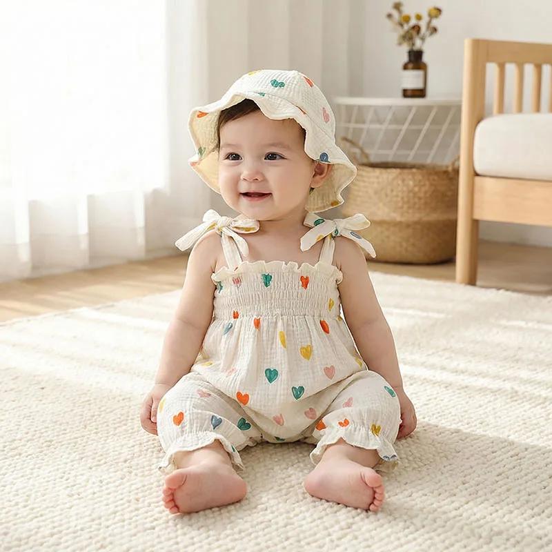 Combinaison d'été 2026 pour bébé fille 0-24 mois, motif floral tulipe, avec bretelles + chapeau, sty
