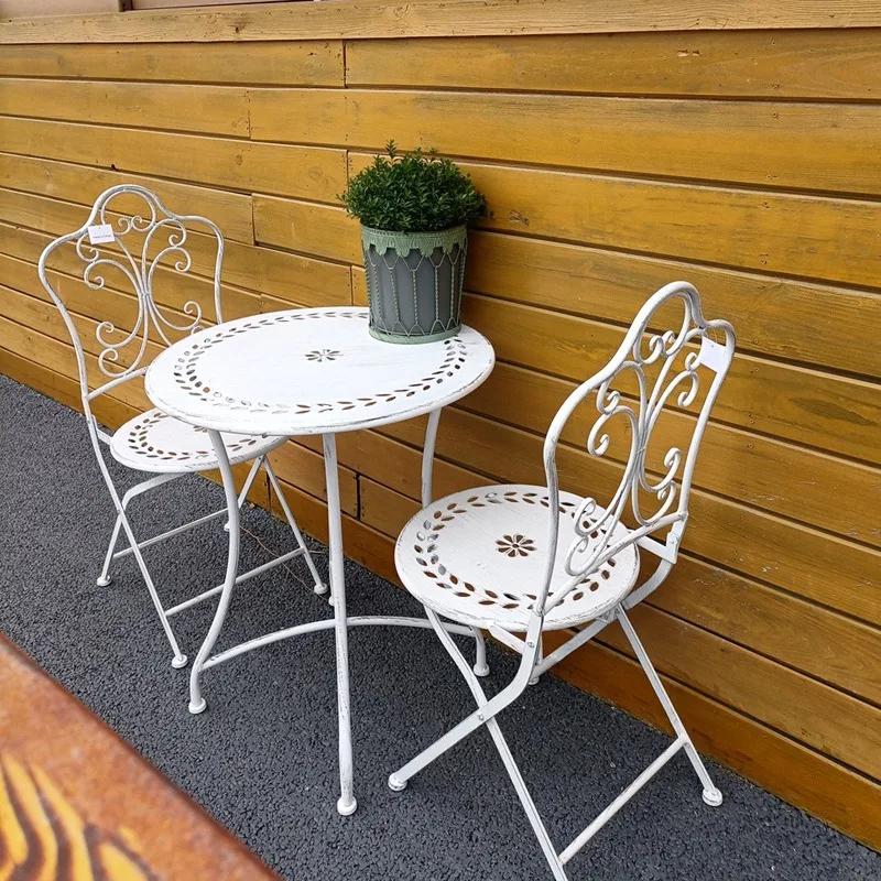 Silla Plegable américain rétro vieux motif creux chaise en fer forgé pliable cour extérieure Villa l
