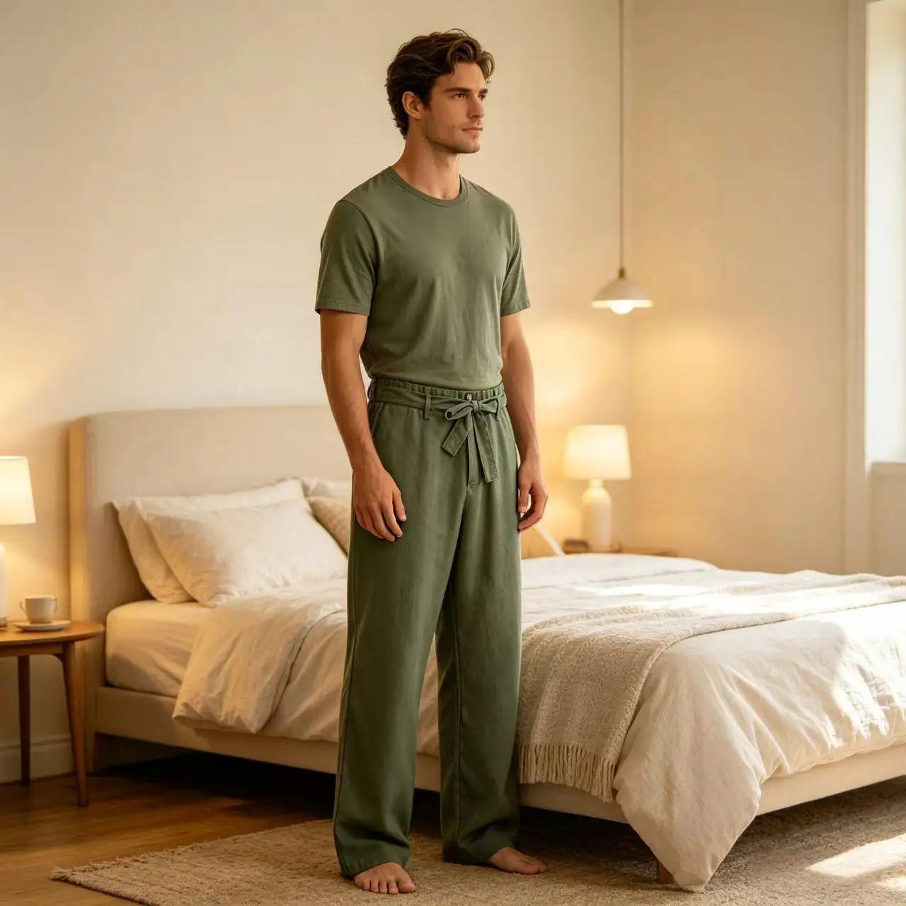 Pantalon décontracté vintage pour homme en mélange de lin à taille haute et jambe large, doux et res