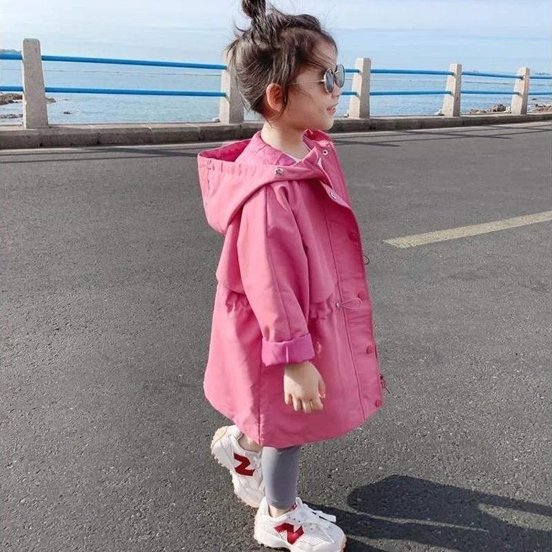 Veste coupe-vent à capuche rétractable pour filles, style long, collection printemps-automne, très v