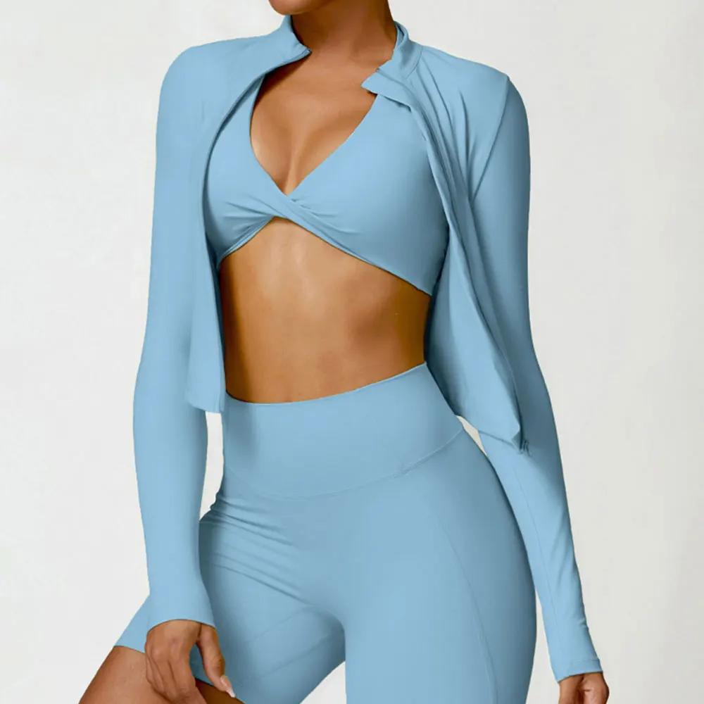 Chemise d'exercice de gymnastique pour femmes, vêtements de sport à manches longues, veste à fermetu