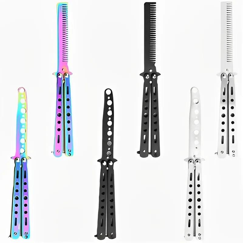 Peigne couteau papillon pliable en acier inoxydable, entraînement pratique, barbe, moustache, outil